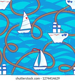 Modern with ship for print design. Abstract summer geometric seamless  vector pattern. Blue texture. Modern geometric background. Cruise ship transport. Blue sea. Underwater abstract background.