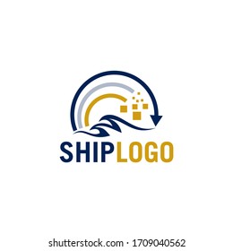 Plantilla moderna de logotipo de logística y envío. Una combinación de flechas y olas oceánicas. Color azul marino y oro.