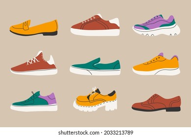 Modern shoes icons. Sneakers, training shoes, loafers, oxfords, sport shoes, womens footwear set, hand drawn vector graphic