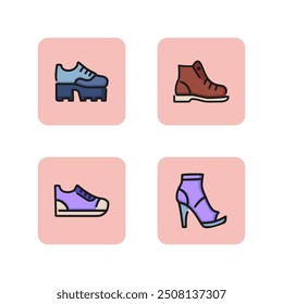 Modern shoes line icon set. Platform, strap shoes, hiking boot, sneaker. Footwear concept. Can be used for topics like shoe store, casual style