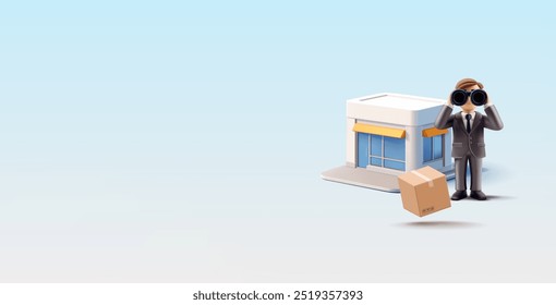 Edificio de tienda moderno, hombre de negocios con binoculares, caja, 3D. Vista frontal exterior del edificio para conceptos comerciales, desarrollo y gestión empresarial. Vector