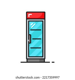 Modern Shop Refrigerator, Industrial Fridge, Bar Chiller Isolated Color Line Icon. Vector Water Drinks Freezer With Glass Door, Vertical Fridge Showcase With Display In Grocery Store, Supermarket Cafe