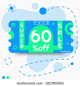 Modern shop voucher template for children's goods and toys, character and 60% discount. Green and blue colors for baby.
