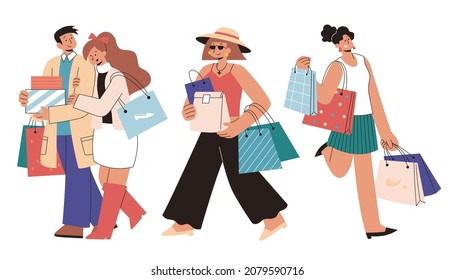 Modern shopper characters set in flat style illustration. Character design of modern couple and women doing shopping with handful of shopping bags