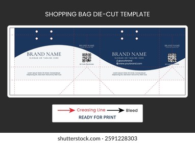 Modern shopping bag die-cut template with QR code placeholders, creasing, and bleed lines. Perfect for retail packaging, ready for print, ensuring a sleek and professional look.