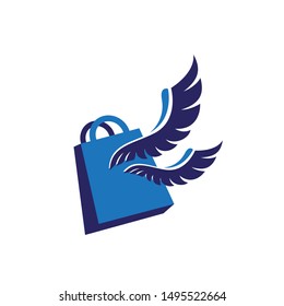 Modern shopping bag logo with blue wings illustration