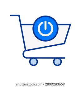 A modern shopping cart icon featuring a blue power button symbol, representing online shopping and technology integration.