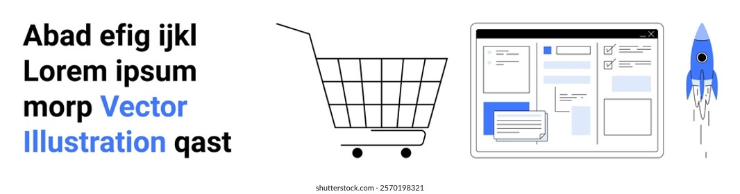 Modern shopping cart with text, website layout screen, and rocket launch. Ideal for e-commerce, website design, digital marketing, online shopping, and technology startups. Banner for landing page