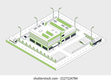 Modern shopping center. Futuristic urban landscape, buildings. Environmental projects, reduction of hazardous waste, care for nature, global problems, project. Cartoon flat vector illustration