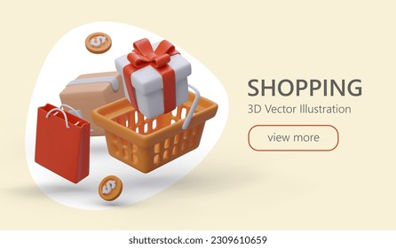 Compras modernas. Una forma conveniente de hacer las compras necesarias. Ilustración brillante para publicidad en Internet con texto y botón. carrito de la compra en 3D, bolso de papel, caja de regalo, monedas. Compra de bienes en línea