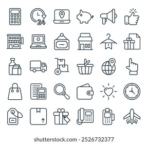 modern shopping icon pack. perfect for linear ui designs featuring vector plane, pos terminal, telephone, gift, cargo box and more icons.