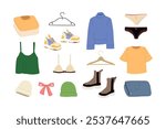 Modern shopping illustration with clothes and shoes, underwear, sweater, sneakers and knitted hats. Trendy flat design for e-commerce, retail, or tech projects. Simple vector art for digital use