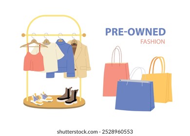 Modern shopping illustration with clothes and shoes on hanger and colorful bags. Trendy flat design for e-commerce, retail, or tech projects. Simple and vibrant vector art for digital use.