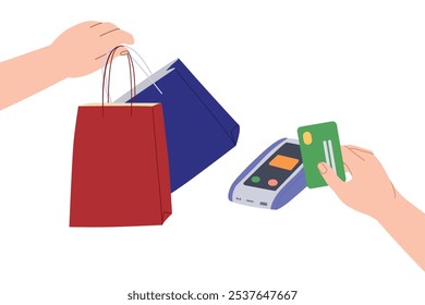 Modern shopping illustration with contactless card payment and colorful bags. Trendy flat design for e-commerce, retail, or tech projects. Simple and vibrant vector art for digital use.