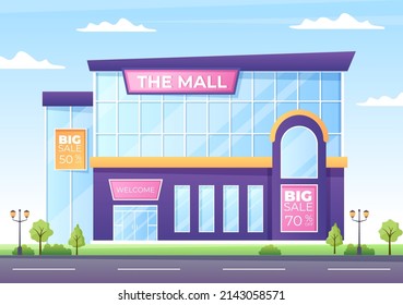 Modern Shopping Mall Building Background Illustration with Exterior and Various Shops Inside in Flat Style Design