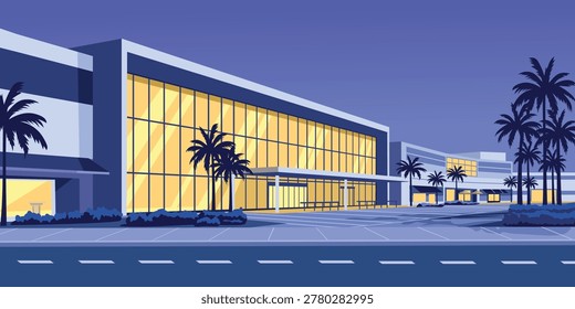 Modern Shopping Mall Exterior at Dusk. Store Building at night. Modern Storefront Night Scene. Store Building at Night Illustration