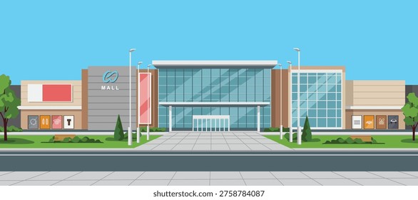 Modern Shopping Mall Exterior Flat Illustration. City mall entrance. Mall park. Shopping mall building. Department store.