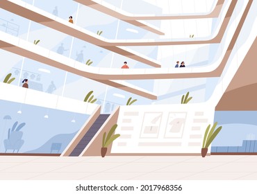Modern shopping mall interior. Inside multi-storey department store with showcases, escalators, indoor plants and shoppers. Trendy architecture of commercial building. Flat vector illustration