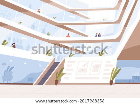 Modern shopping mall interior. Inside multi-storey department store with showcases, escalators, indoor plants and shoppers. Trendy architecture of commercial building. Flat vector illustration