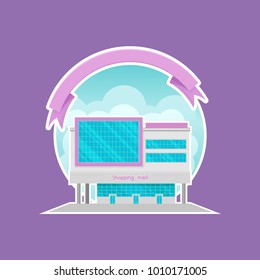 Modern shopping mall or office building with screen cartoon vector Illustration, design element for label or badge with ribbon
