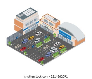 Modern Shopping mall with parking area Isometric, Modern building with place for different cars. Supermarket, mall with glass shop windows. Vector Illustration.