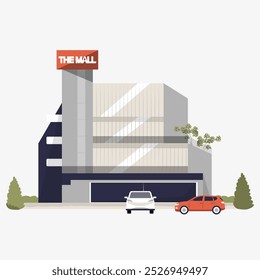 Shopping moderno com estacionamento em vetor plano ilustração simbolizando varejo, arquitetura e comércio, isolado no fundo branco.
