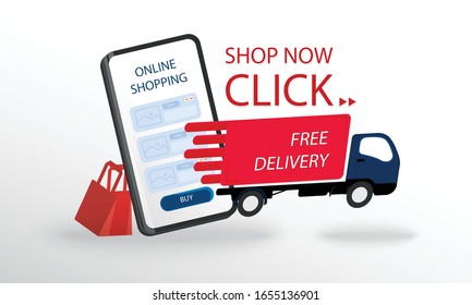 Modern shopping online concept for web banner, vector illustration with smartphone screen and delivery car 