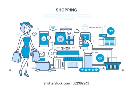 Modern shopping, online ordering system of products, secure payment, visit to store, delivery, technical support, technology. Illustration thin line design of vector doodles, infographics elements.