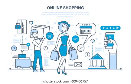 Modern shopping, online ordering system of products, secure payment, visit to store, delivery, technical support, technology. Illustration thin line design of vector doodles, infographics elements.