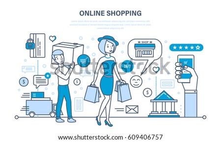 Modern shopping, online ordering system of products, secure payment, visit to store, delivery, technical support, technology. Illustration thin line design of vector doodles, infographics elements.