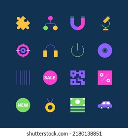 Modern shopping - set of flat design style neon icons, isolated on dark background. Images of sales and discounts, QR code, money, appliances and devices, barcode, car, puzzle and target aim