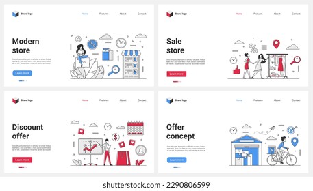 Ilustración vectorial moderna del conjunto de compras. Pequeñas personas de dibujos animados compran en tiendas en línea a través de aplicaciones móviles, los clientes corren y montan bicicleta para probar vestidos, ofertas de descuento de investigación para aumentar las ventas de marcas