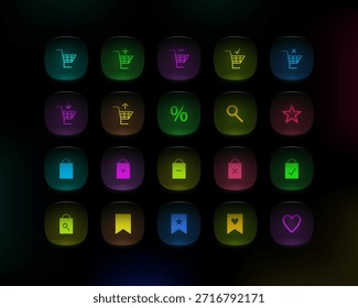 Modern shopping web button icon set with glowing glassmorphism style. Rounded UI buttons for apps, websites, dashboards, and digital interfaces.