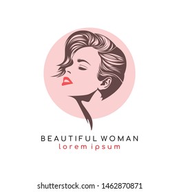 Modern short hair woman's face logo Vintage hairstyle, short hairstyle under the concept of hair salon or beauty salon