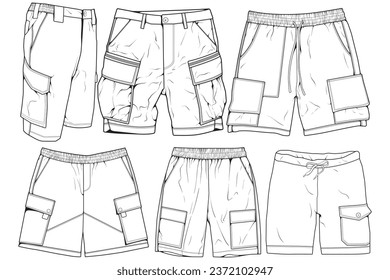 Moderne Kurzhose Umrissvektor, Moderne Kurzhose im Skizzenstil, Schulungsvorlage Umriss, Vektorgrafik.
