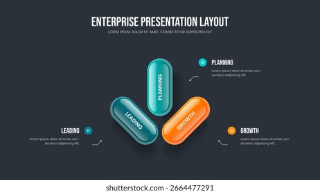 Modern Showcase Frame Template Vector Illustration. Project Planning Three Element Diagram Slideshow Design. Sales Performance 3 Option Infographic Presentation Layout.