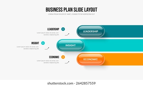 Modern Showcase Presentation Layout Vector Illustration. Product Overview 3 Element Diagram Frame Design. Sales Solution Three Option Infographic Slideshow Template.