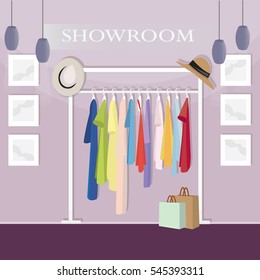 Modern showroom interior design. Flat style vector illustration.