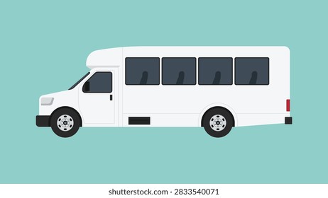 Modern shuttle bus side view with passenger windows and compact body for hotel, airport, community, and local transportation, vector flat illustration