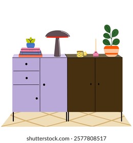 Modern sideboard with home decor – stylish cabinet with books, lamp, plants, and accessories for cozy interior design.