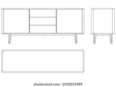 Ilustração de contorno de painel lateral moderno para decoração de casa, livros de colorir e projetos de design. Ilustração do vetor do armário do buffet com vistas frontais, laterais e superiores