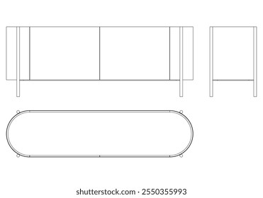 Ilustração de contorno de painel lateral moderno para decoração de casa, livros de colorir e projetos de design. Ilustração do vetor do armário do buffet com vistas frontais, laterais e superiores