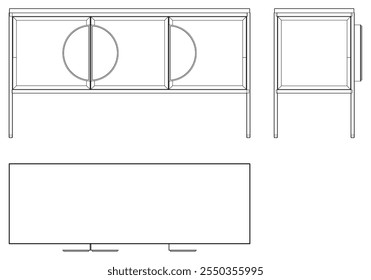 Ilustração de contorno de painel lateral moderno para decoração de casa, livros de colorir e projetos de design. Ilustração do vetor do armário do buffet com vistas frontais, laterais e superiores