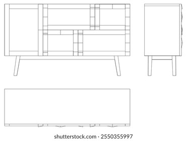 Ilustração de contorno de painel lateral moderno para decoração de casa, livros de colorir e projetos de design. Ilustração do vetor do armário do buffet com vistas frontais, laterais e superiores