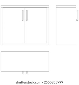 Ilustração de contorno de painel lateral moderno para decoração de casa, livros de colorir e projetos de design. Ilustração do vetor do armário do buffet com vistas frontais, laterais e superiores