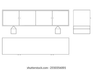 Ilustração de contorno de painel lateral moderno para decoração de casa, livros de colorir e projetos de design. Ilustração do vetor do armário do buffet com vistas frontais, laterais e superiores