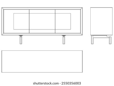 Ilustração de contorno de painel lateral moderno para decoração de casa, livros de colorir e projetos de design. Ilustração do vetor do armário do buffet com vistas frontais, laterais e superiores