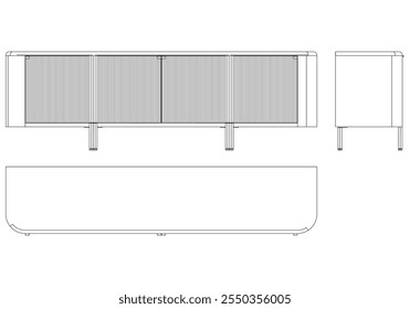 Ilustração de contorno de painel lateral moderno para decoração de casa, livros de colorir e projetos de design. Ilustração do vetor do armário do buffet com vistas frontais, laterais e superiores