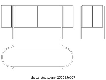 Ilustração de contorno de painel lateral moderno para decoração de casa, livros de colorir e projetos de design. Ilustração do vetor do armário do buffet com vistas frontais, laterais e superiores