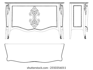 Ilustração de contorno de painel lateral moderno para decoração de casa, livros de colorir e projetos de design. Ilustração do vetor do armário do buffet com vistas frontais, laterais e superiores